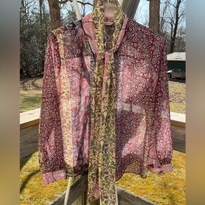 Soft Surroundings sheer Paisley patchwork quilt blouse bow tie scarf neck pearl